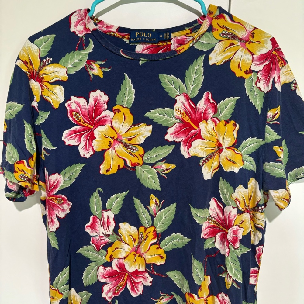 Polo Ralph Lauren T-Shirt Medium Womens Floral Blue Pink Yellow Cotton Vacation